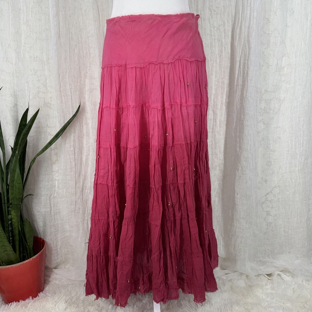 Vtg Y2K Pink Ombre Fairy Maxi Skirt L Boho Tiered Peasant Indie Layering Gauzy
